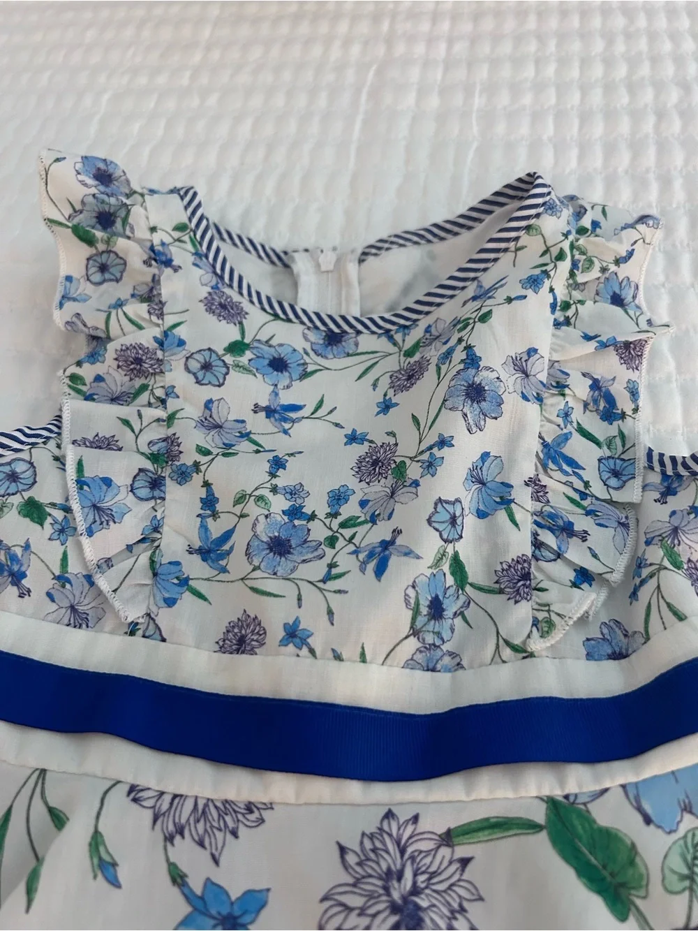 Rare Editions White Dress with Blue Floral Print and Royal Blue Ribbon